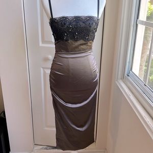 Mandalay evening satin brown dress with black lace and sequins